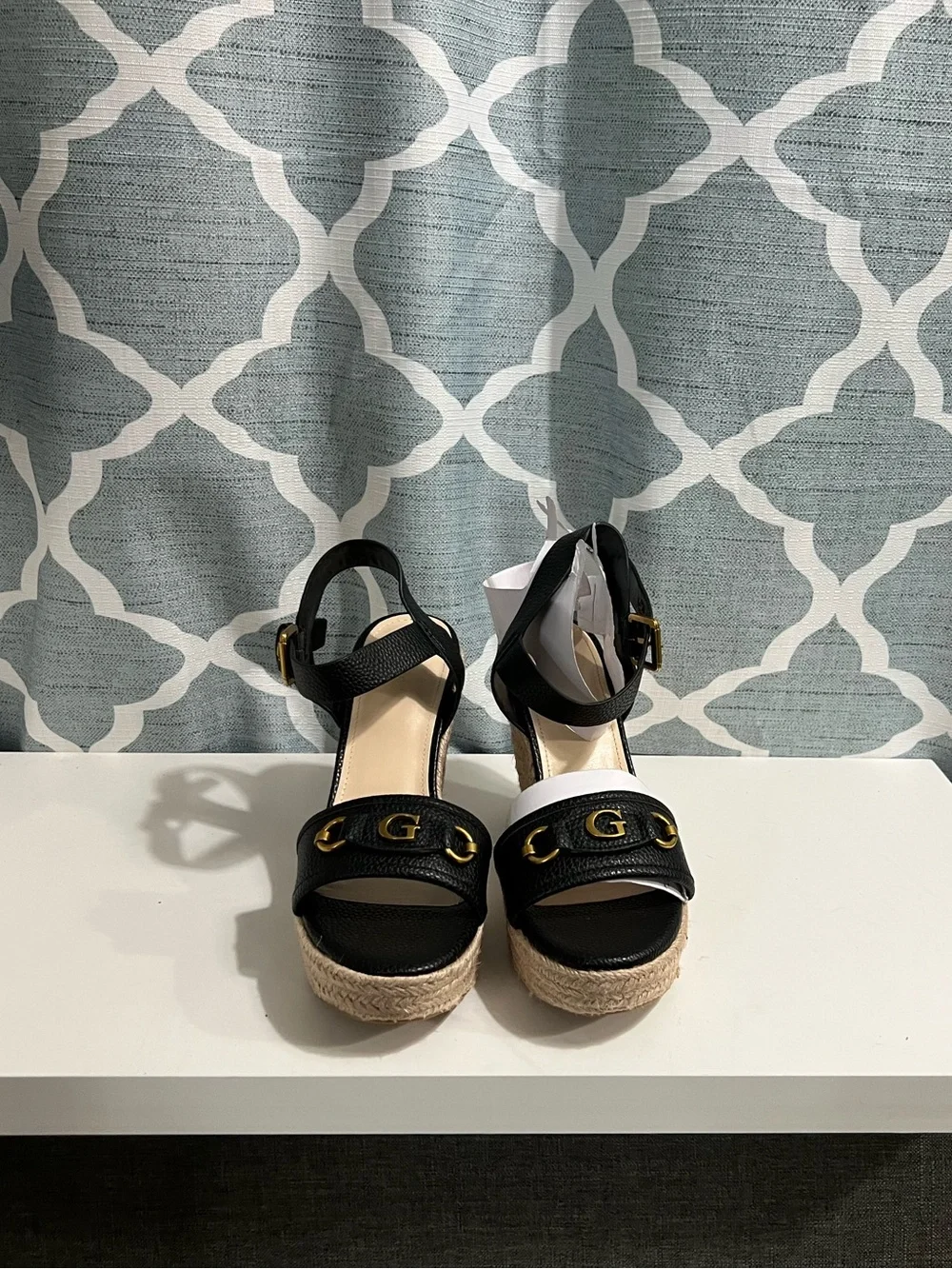 Guess Black Espadrille Wedge Sandals with Gold G Logo